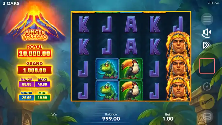 Jungle Volcano base game screen - 3 Oaks Gaming demo with jackpot ladder visible