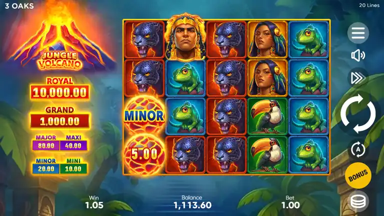 Jungle Volcano session checkpoint at spin 817, balance 1,113.60 at bet 1.00, mid-session recovery