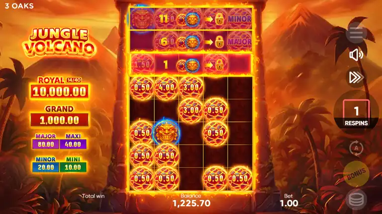 Jungle Volcano session checkpoint at spin 1226, balance 1,225.70 at bet 1.00