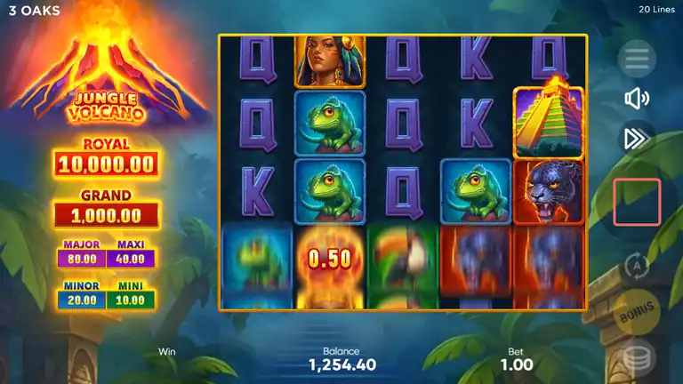 Jungle Volcano near session close at spin 1649, balance 1,254.40 at bet 1.00, one spin before the 1,253.40 final