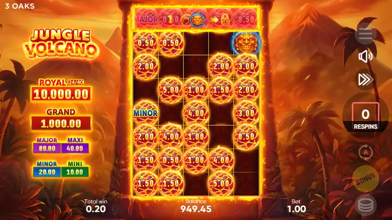 Hold and Win bonus board mid-round showing ROYAL counter 24 of 40 filled positions and coin values distributed across the grid