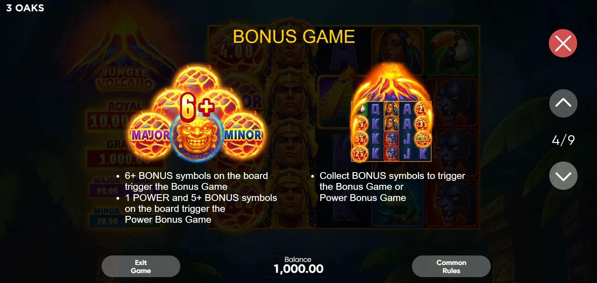 BONUS GAME trigger rules: 6+ BONUS symbols or 1 POWER plus 5+ BONUS symbols on the board