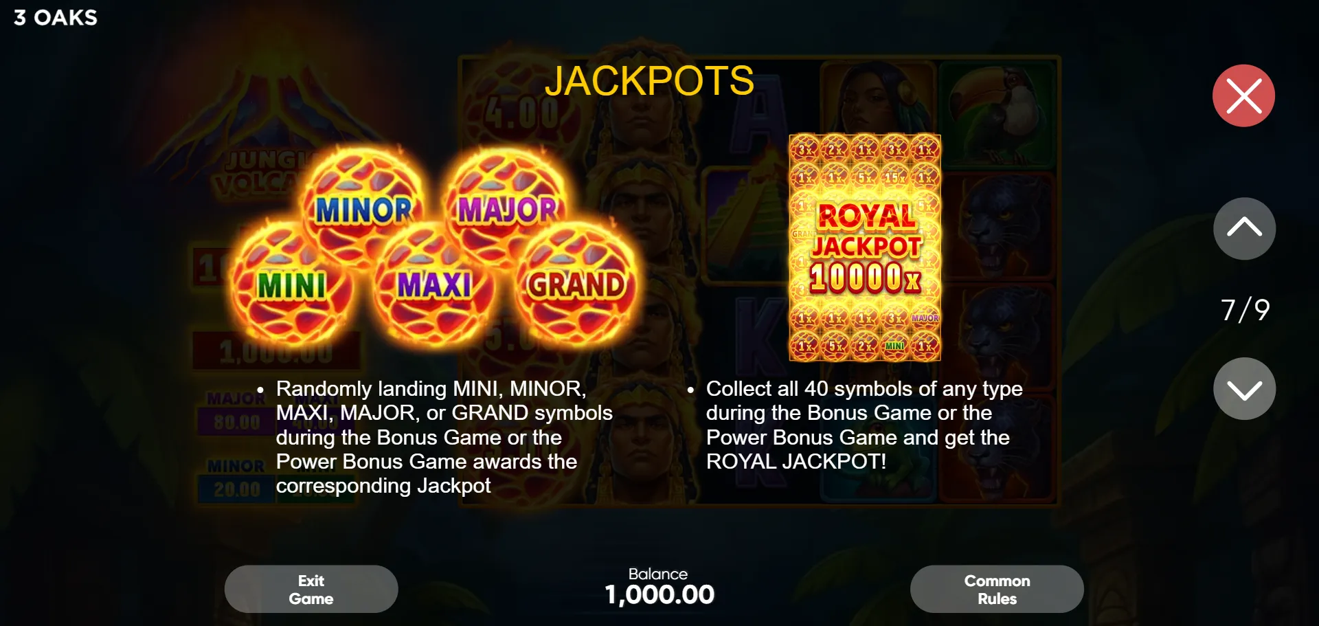 JACKPOTS panel showing MINI through GRAND tiers and ROYAL JACKPOT at 10000x Total Bet requiring all 40 positions