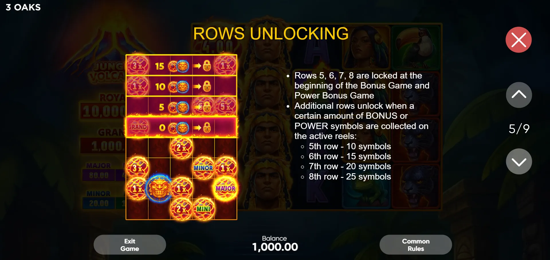 ROWS UNLOCKING diagram showing grid expansion thresholds: 5th row at 10 symbols, 8th row at 25 symbols